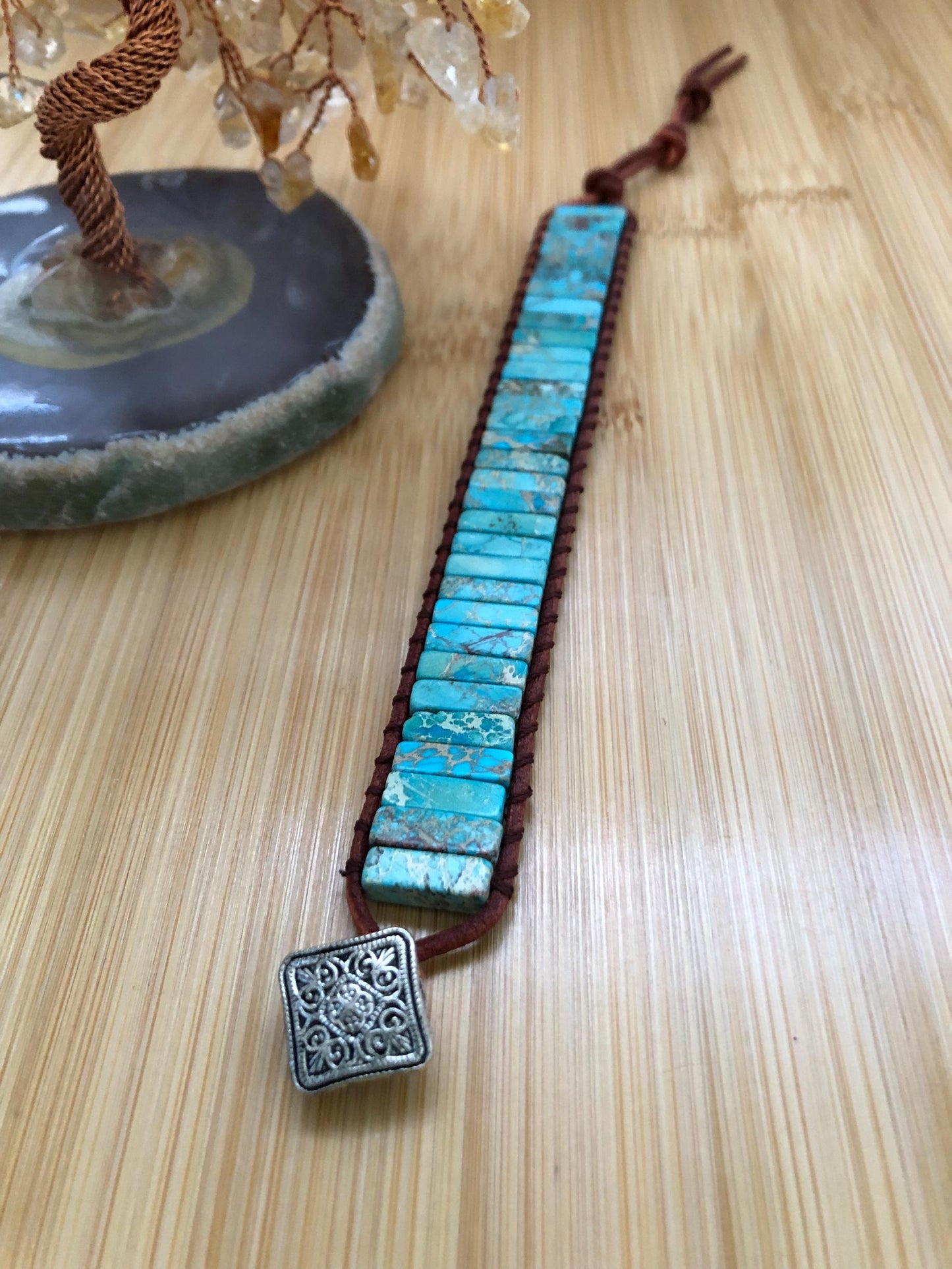 Kingman Turquoise rectangle beads natural stone bracelets for Women Boho Handmade Energy Bead Leather Wrap Bracelet Jewelry