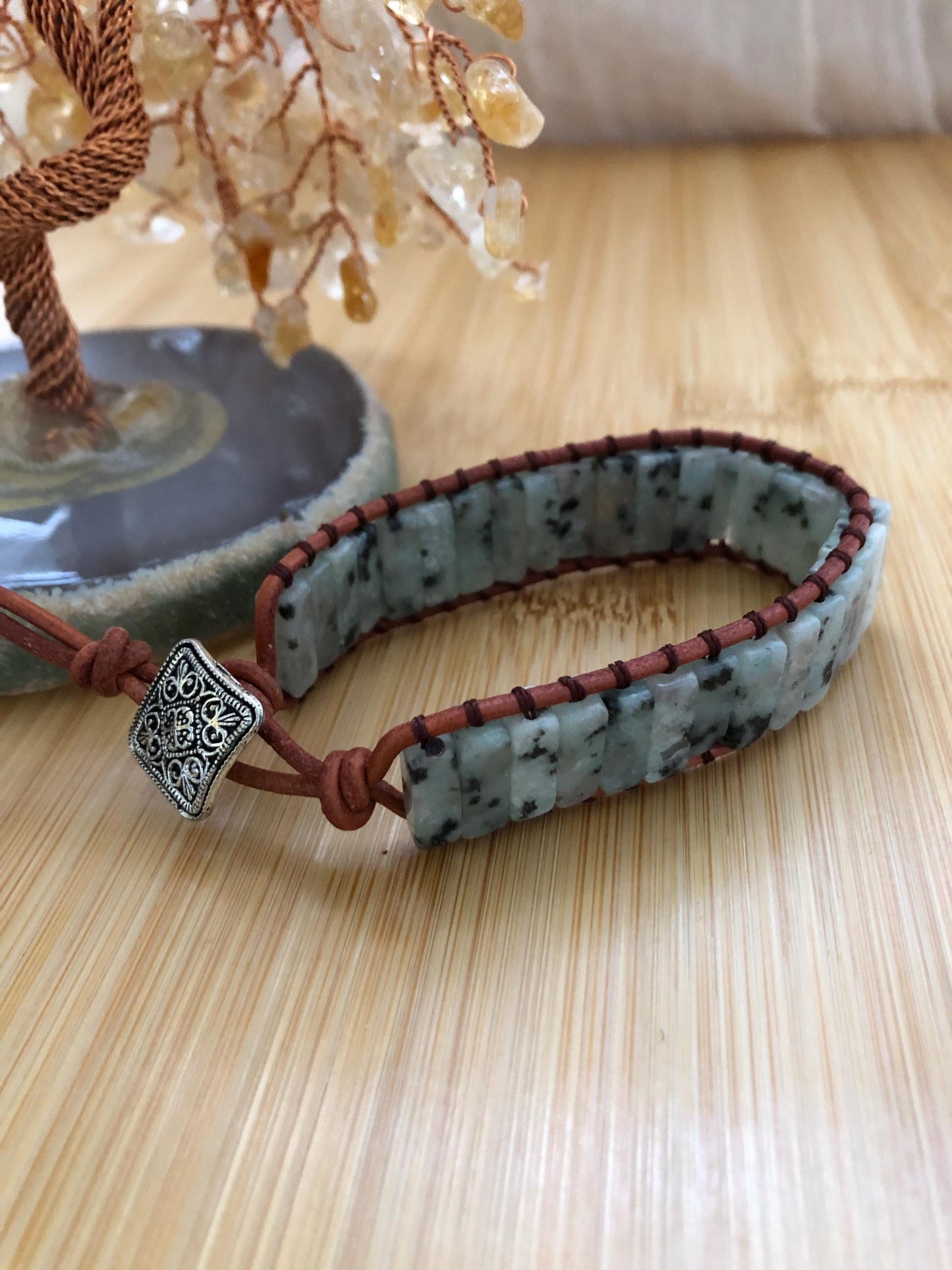 Green spot jasper rectangle stone spiritual beads to ward off negative energy, women boho wrap leather bracelet, energy bracelet