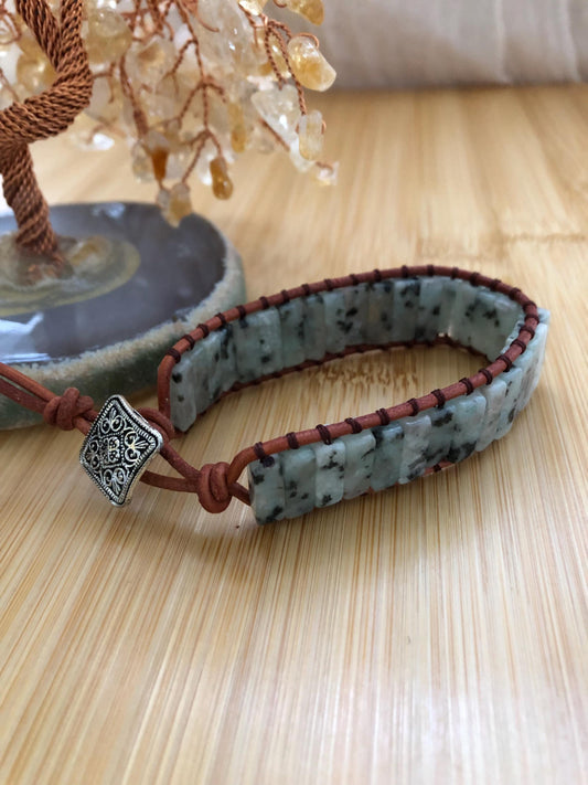 Green spot jasper rectangle stone spiritual beads to ward off negative energy, women boho wrap leather bracelet, energy bracelet