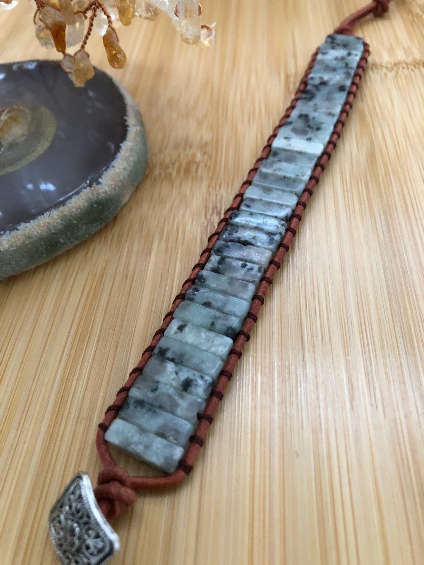 Green spot jasper rectangle stone spiritual beads to ward off negative energy, women boho wrap leather bracelet, energy bracelet