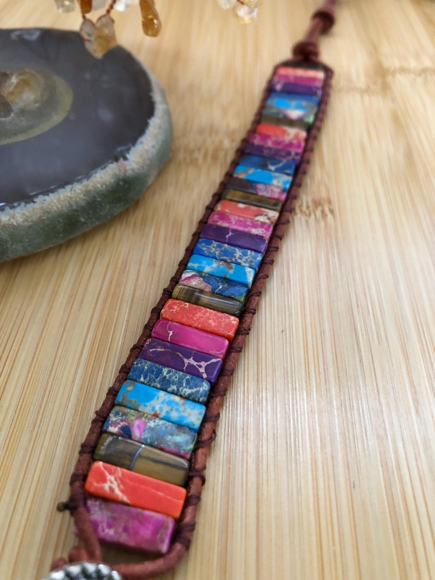 Colorful Sea Sediment Jasper rectangle beads natural stone bracelets for Women Boho Handmade Energy Bead Leather Wrap Bracelet Jewelry