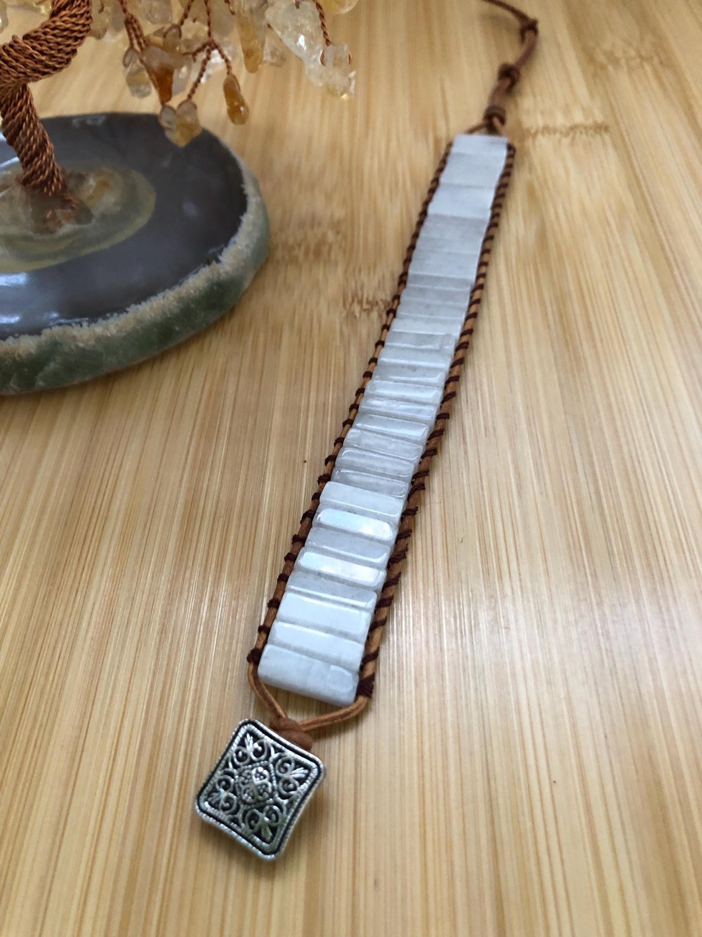 White chalcedony rectangle beads natural stone bracelets for Women Boho Handmade Energy Bead Leather Wrap Bracelet Jewelry