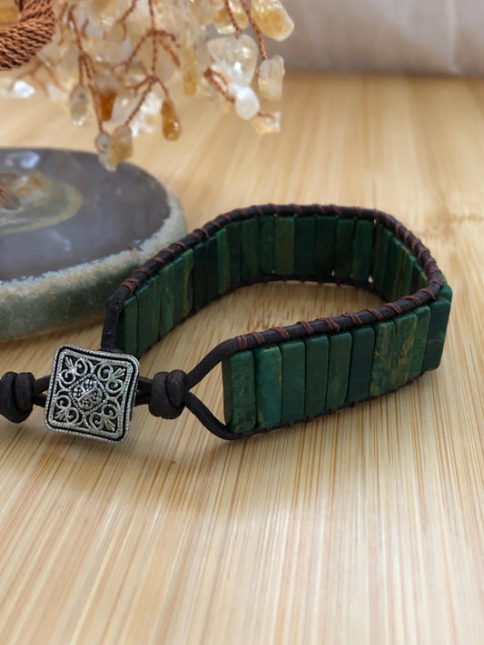 Dark green turquoise rectangle beads natural stone bracelets for Women Boho Handmade Energy Bead Leather Wrap Bracelet Jewelry