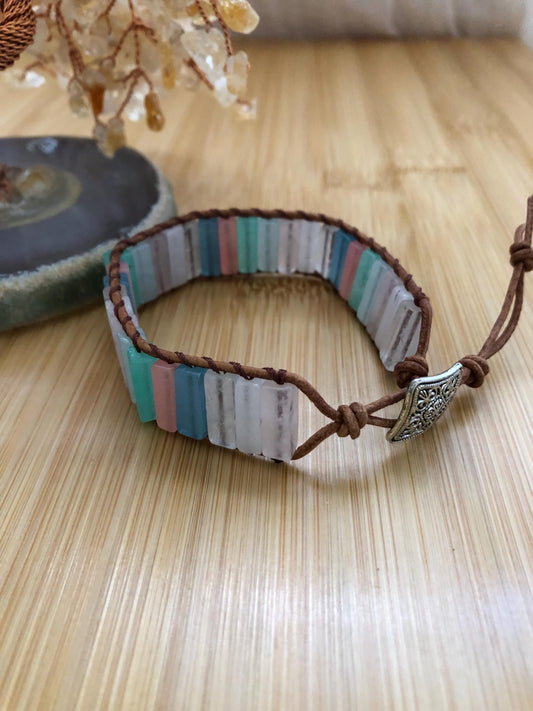 Multi Color chalcedony rectangle beads natural stone bracelets for Women Boho Handmade Energy Bead Leather Wrap Bracelet Jewelry