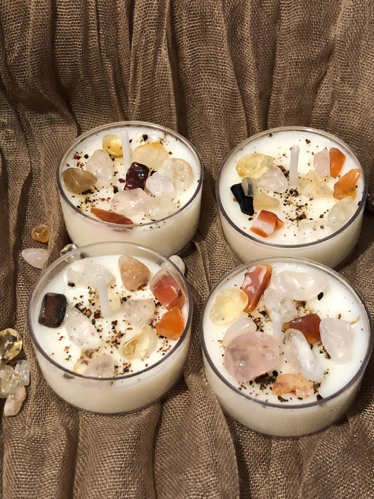 Love Herbal and Crystal Tealight Candles, Mantra Affirmation, Scented Intention setting candles, dressed candles with crystals, herbs