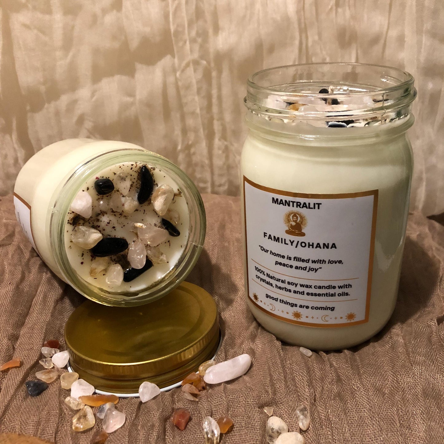 Mantra Candle, Family/Ohana Herbal and Crystal Candles, Mantra Affirmation, Scented Intention setting candles, candles with crystals, herbs