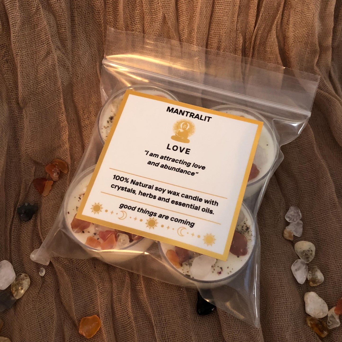 Love Herbal and Crystal Tealight Candles, Mantra Affirmation, Scented Intention setting candles, dressed candles with crystals, herbs