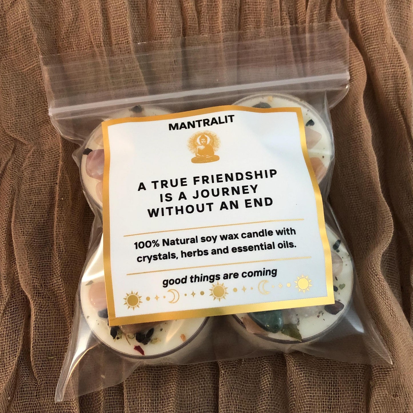 A true friendship is a journey with no end Tealight Candles, Mantra Affirmation, Scented Intention dressed candles with crystals and herbs