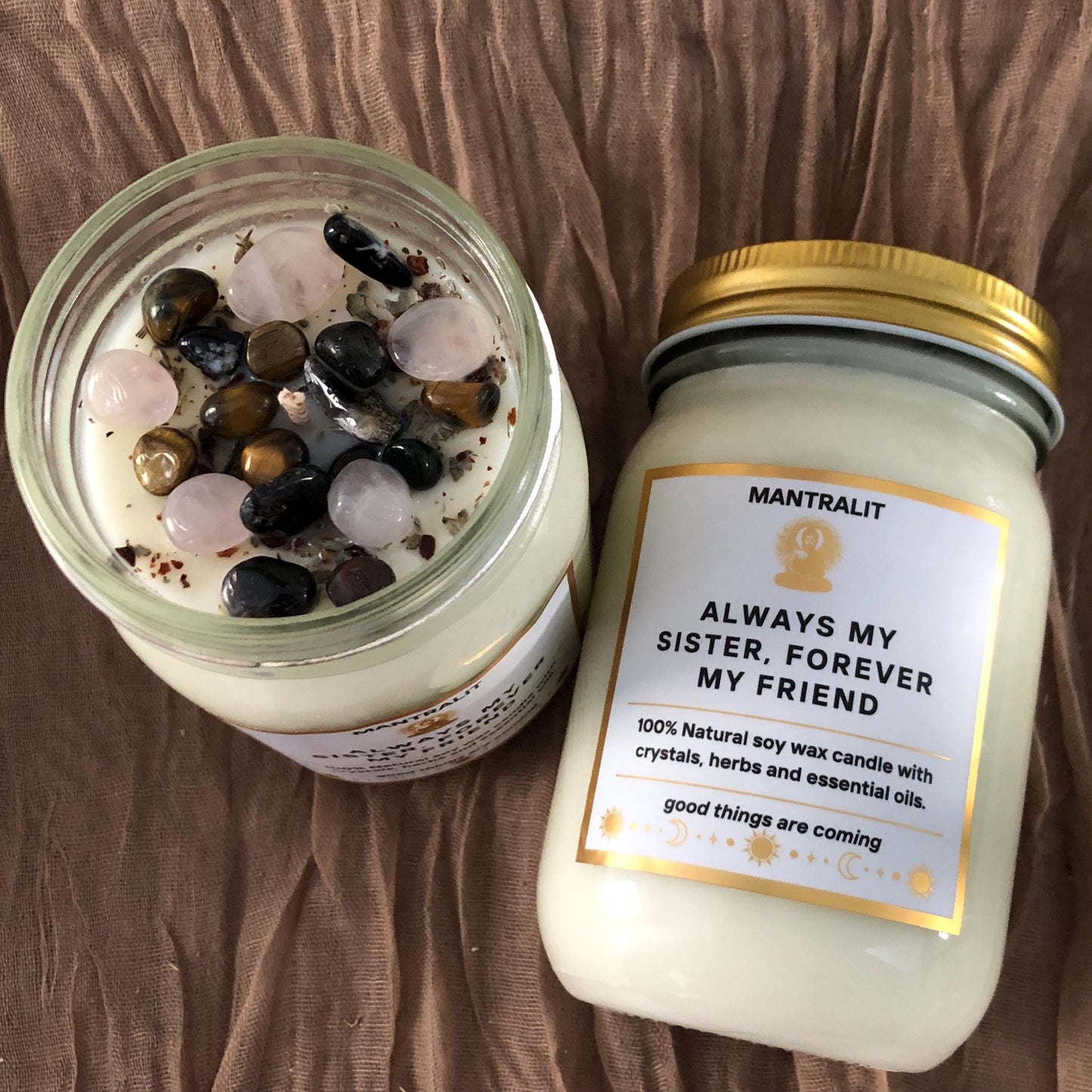 Always my sister, forever my friend Mantra soy Candle Affirmation, Intention candles, candles with crystals, herbs, Mason Jar soy candle