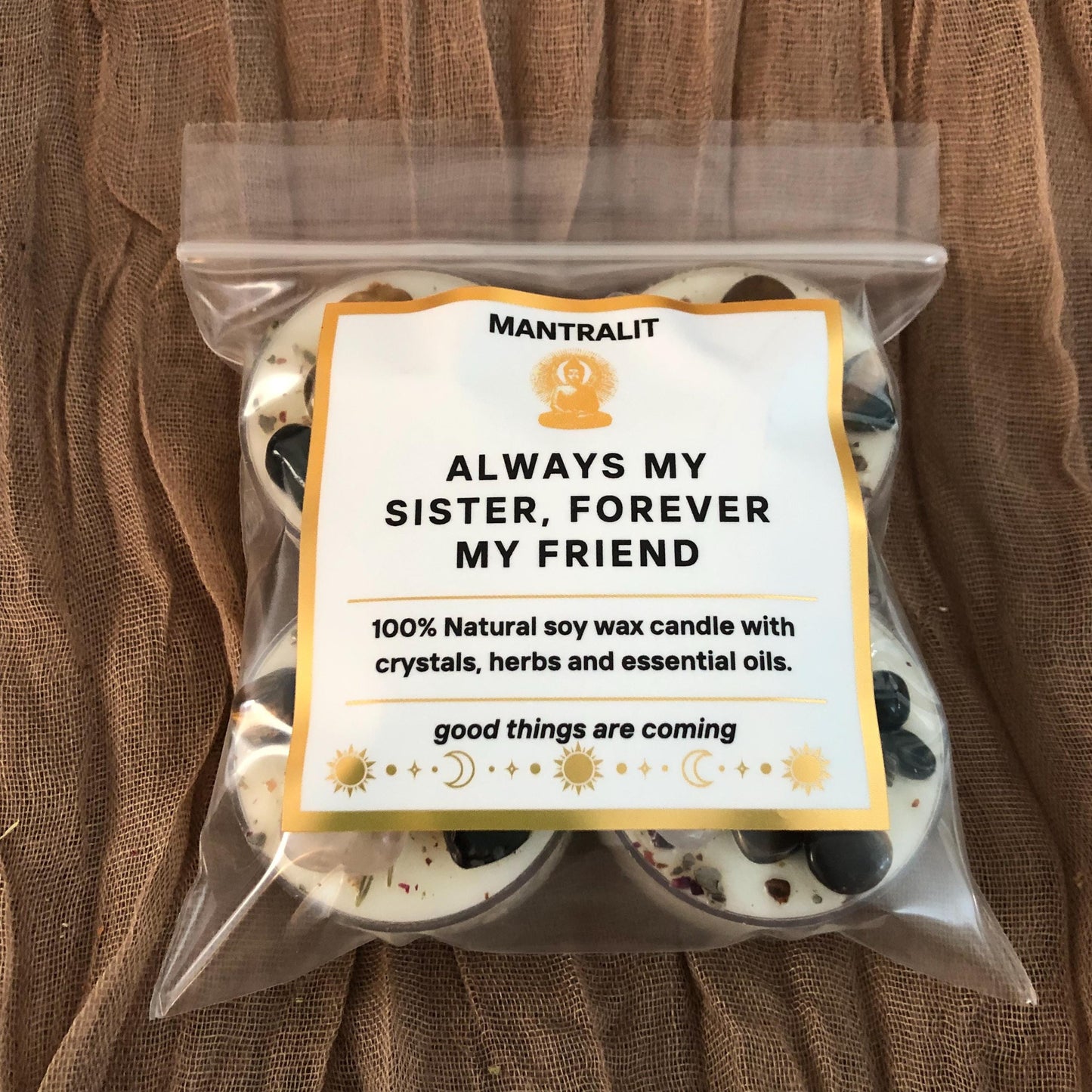 Always my sister, forever my friend tealight mantra candles,  affirmation intention candles with crystals and herbs, soy candle