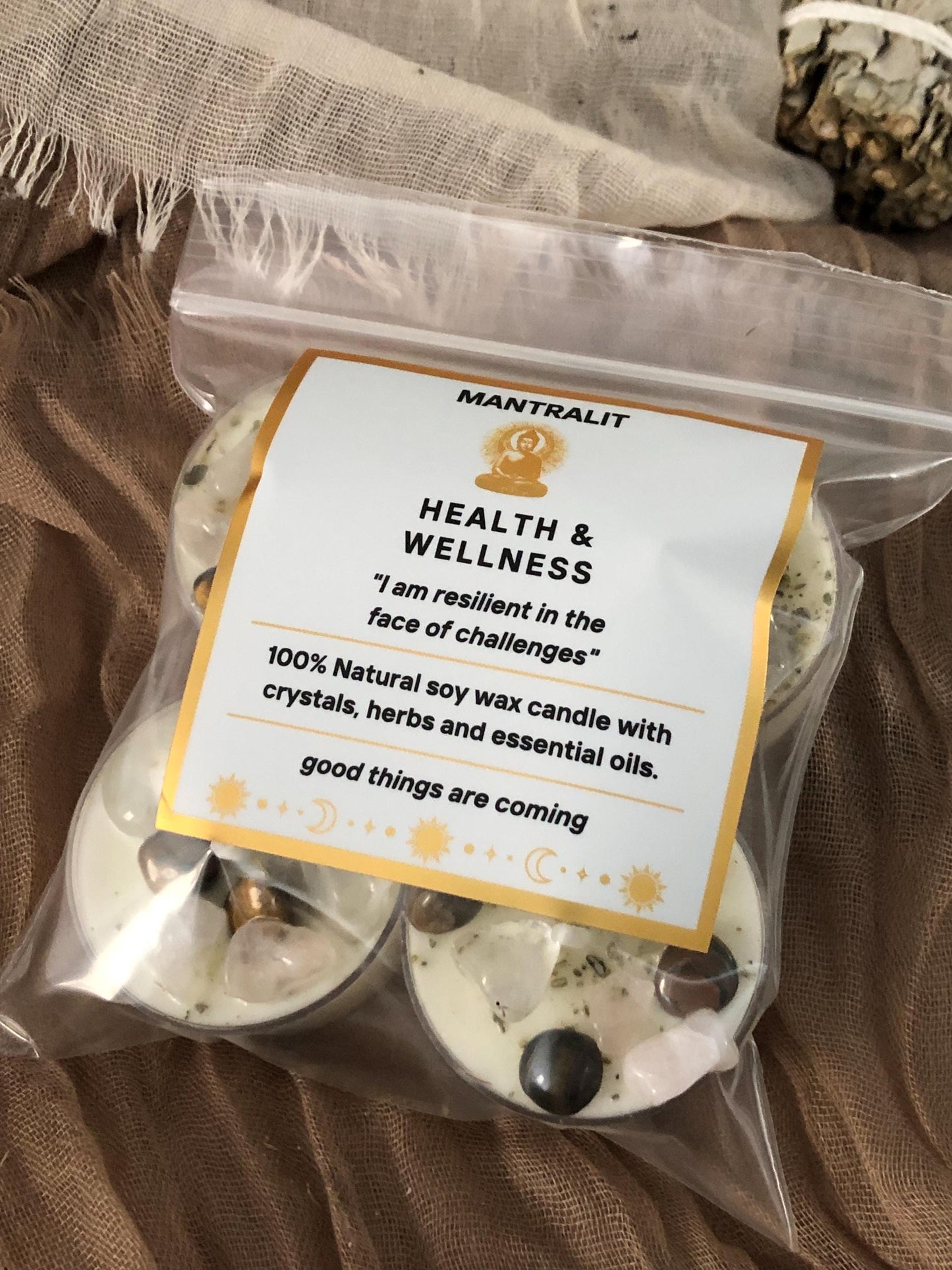 Health & Wellness tealight mantra candles, Ritual affirmation intention candles with crystals and herbs, soy candle