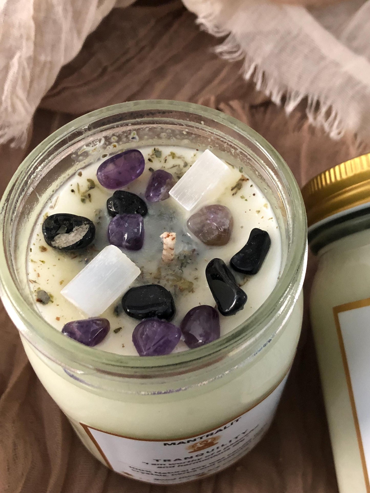 Tranquility mantra ritual Candle infused with crystals and herbs, Mason Jar soy candle, intention affirmation candles, all natural candle