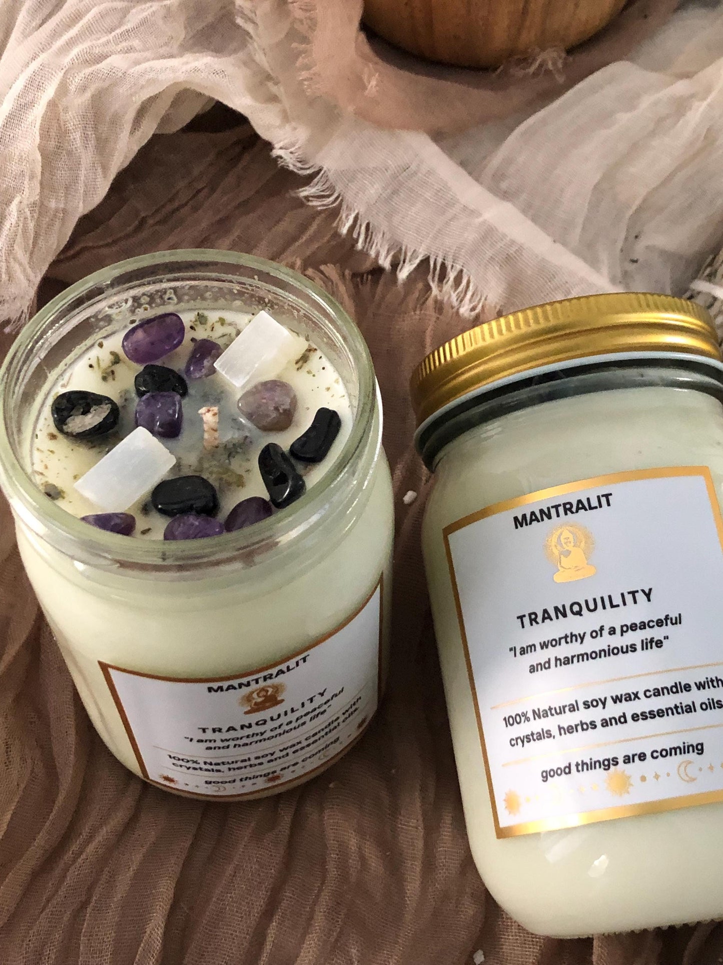 Tranquility mantra ritual Candle infused with crystals and herbs, Mason Jar soy candle, intention affirmation candles, all natural candle