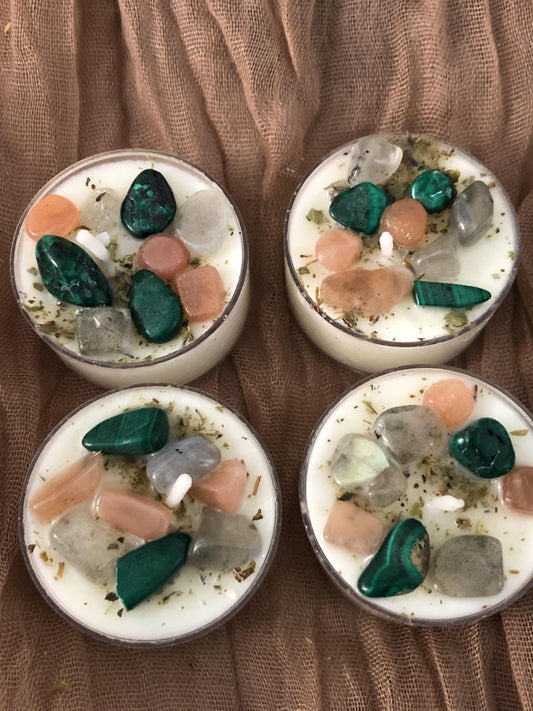 New Beginnings tealight mantra candles,  ritual affirmation intention candles with crystals and herbs, all natural soy candle, woodsy scent