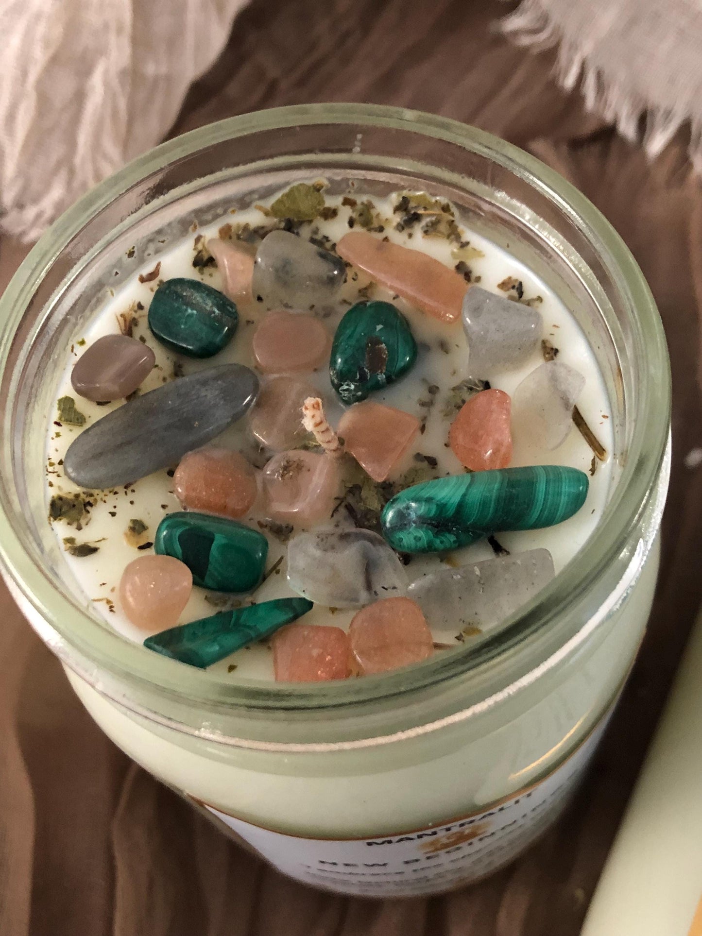 New Beginnings mantra ritual Candle infused with crystals and herbs, Mason Jar soy candle, intention affirmation candles, all natural candle