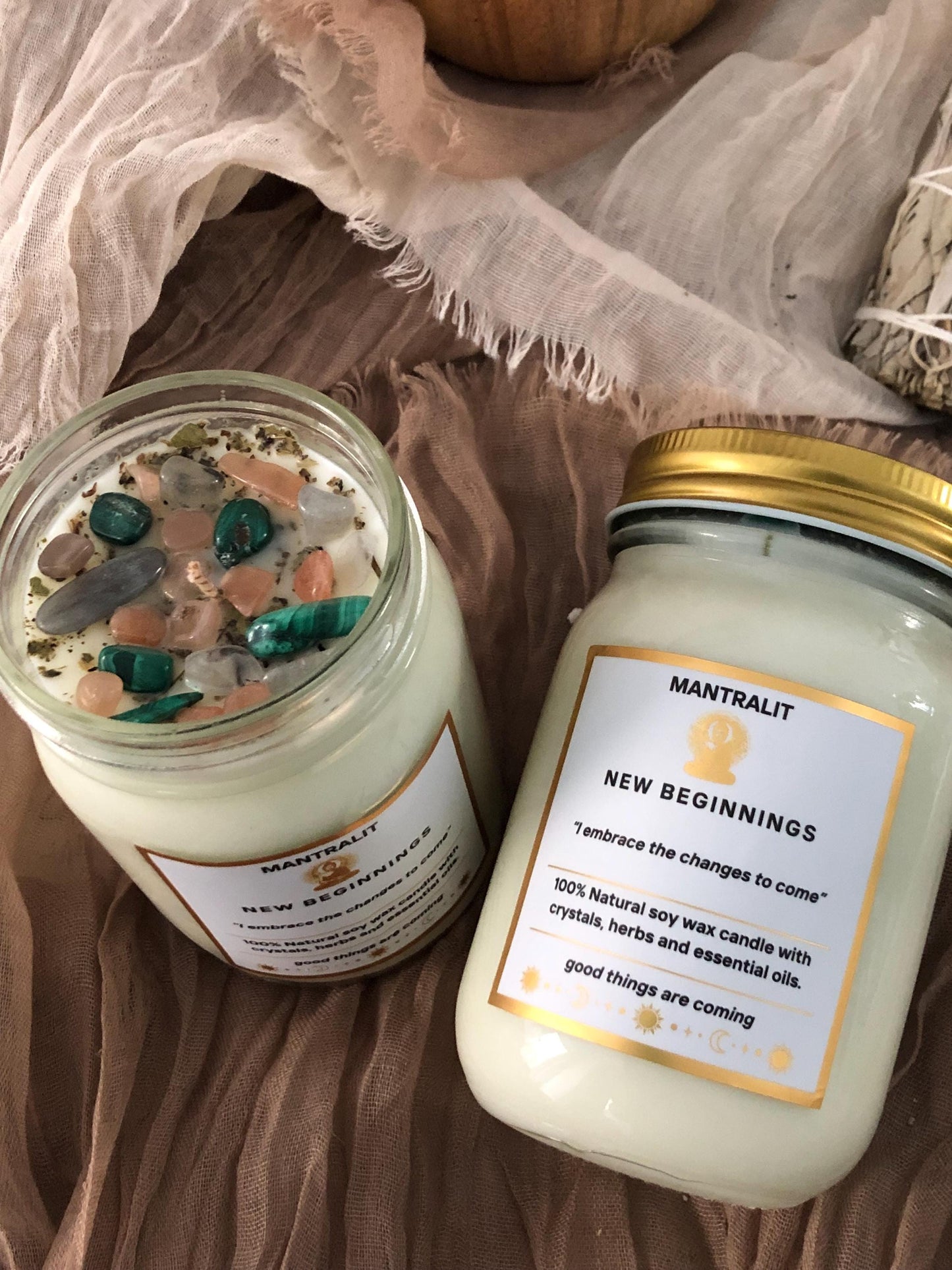 New Beginnings mantra ritual Candle infused with crystals and herbs, Mason Jar soy candle, intention affirmation candles, all natural candle