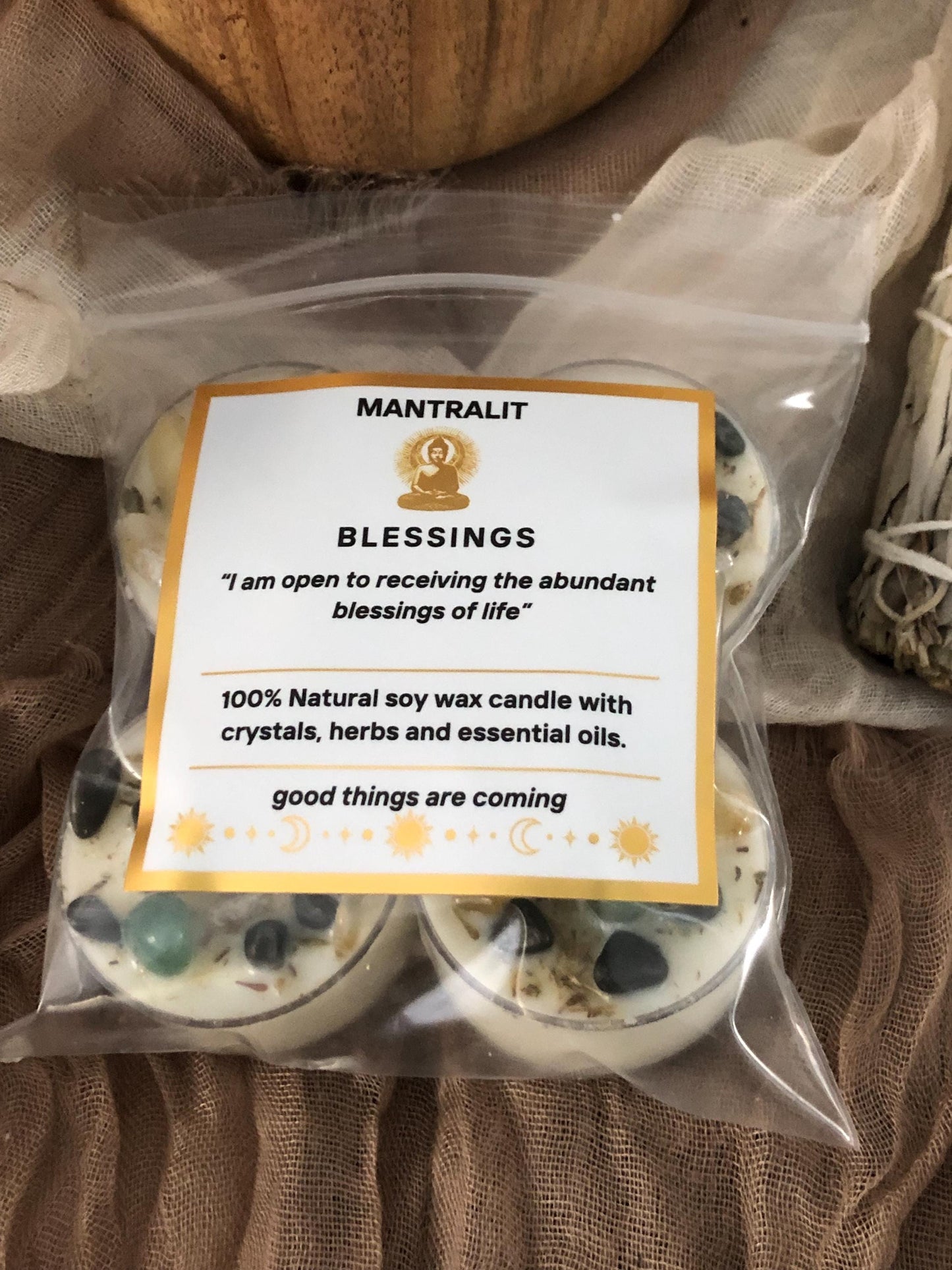 Blessings tealight mantra candles,  ritual affirmation intention candles with crystals and herbs, all natural soy candle, house warming gift