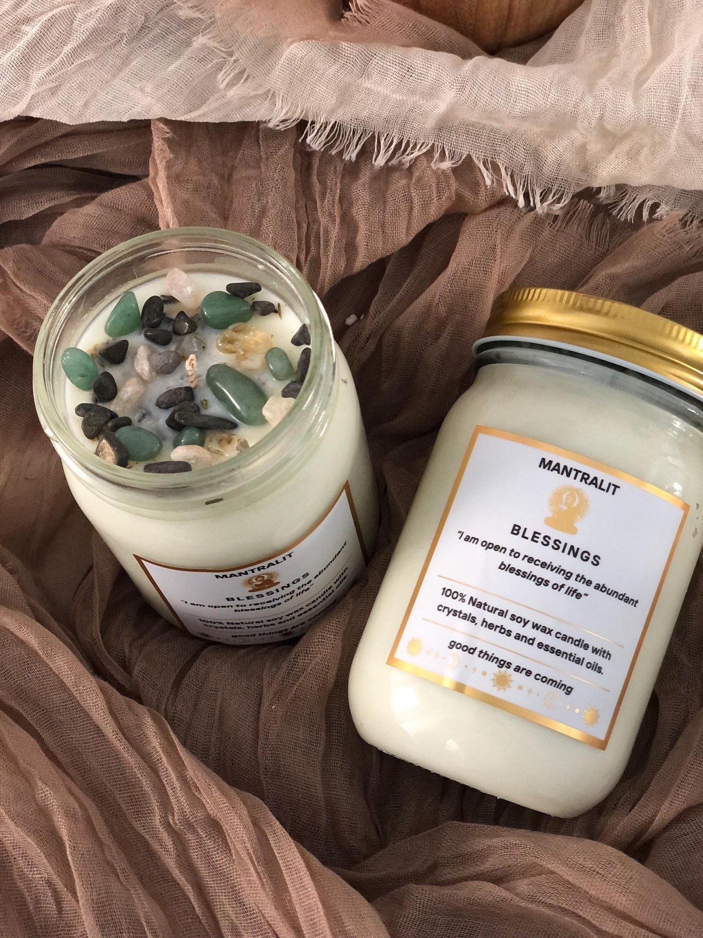 Blessings house warming gift Candle infused with crystals and herbs, Mason Jar soy candle, intention affirmation candles, all natural candle