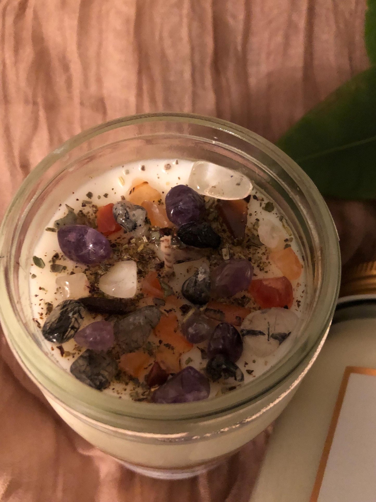 Protection Candle infused with crystals black tourmaline, amethyst, Rosemary, sage herbs Mason Jar soy candle, affirmation candles