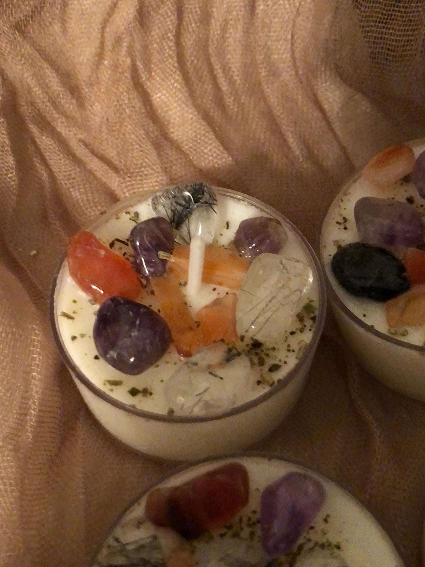 Protection tealight candles,  infused with carnelian black tourmaline, sage rosemary herb, all natural soy candle, crystal infused candle