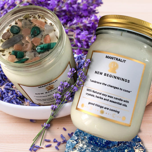 New Beginnings mantra ritual Candle infused with crystals and herbs, Mason Jar soy candle, intention affirmation candles, all natural candle