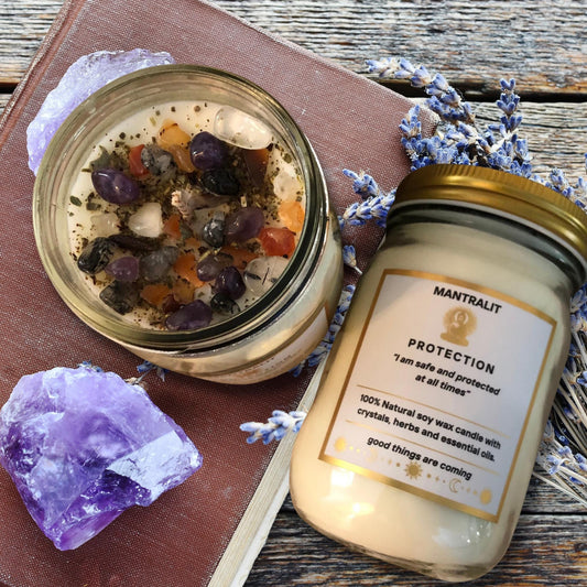 Protection Candle infused with crystals black tourmaline, amethyst, Rosemary, sage herbs Mason Jar soy candle, affirmation candles