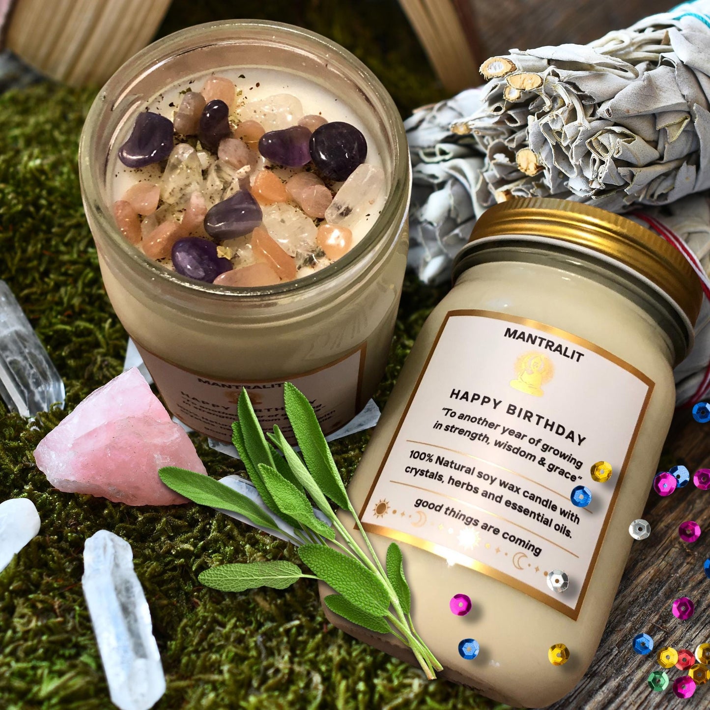 Happy Birthday Candle infused with crystals, herbs, Mason Jar soy candle, Make a wish candle, intention affirmation birthday