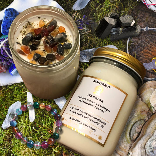 Warrior Mantra soy Candle Affirmation, Intention candles, candles with crystals, herbs, Mason Jar soy candle