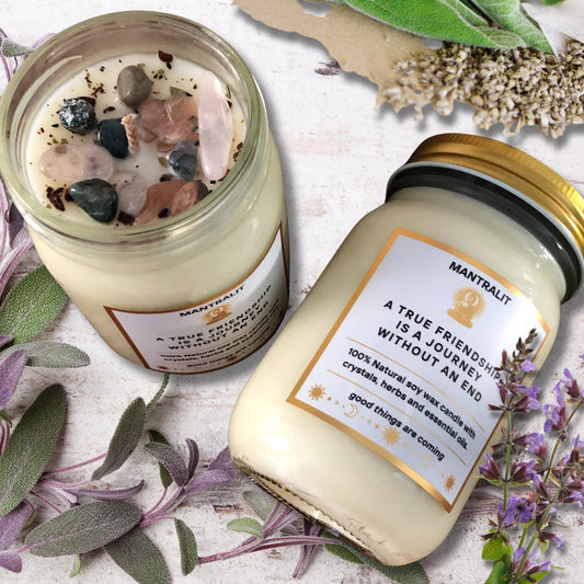 A true friendship is a journey with no end Mantra Candle Affirmation, Intention candles, candles with crystals, herbs, Mason Jar soy candle