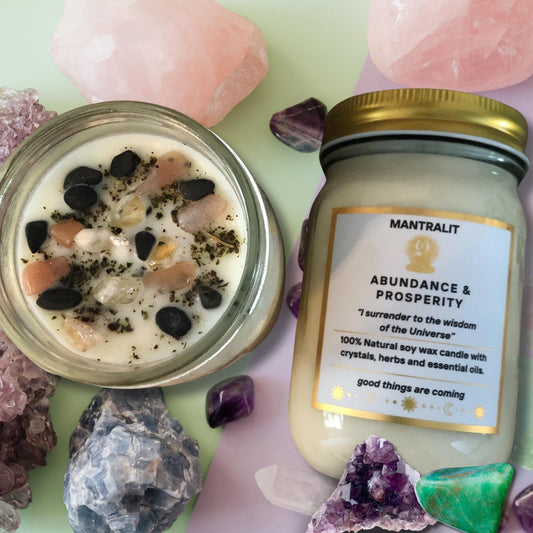 Abundance and Prosperity Herbal and Crystal Candles, Mantra Affirmation, Scented Intention candles, dressed candles with crystals, herbs