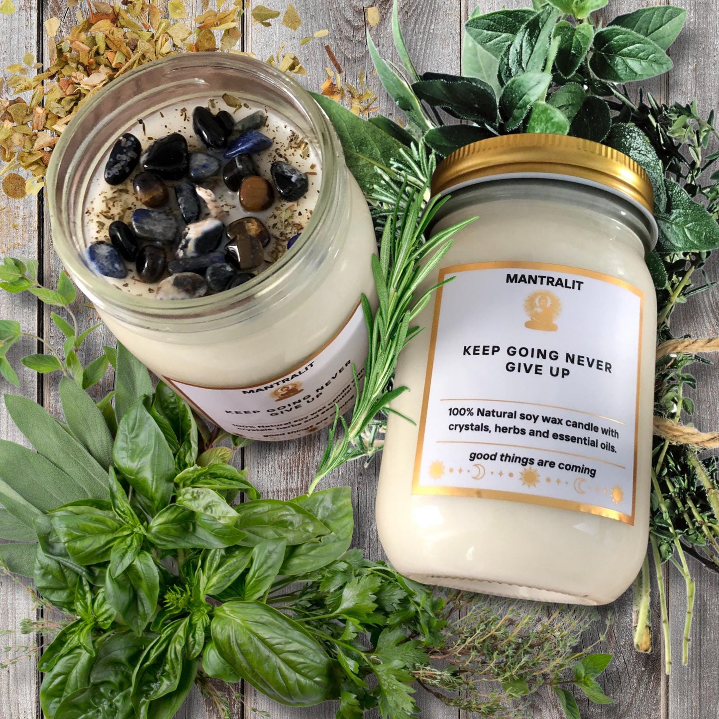 Keep going never give up Mantra Candle Affirmation, Intention candles, candles with crystals, herbs, Mason Jar soy candle