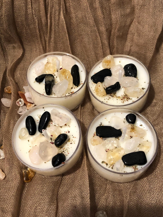 Family/Ohana Herbal and Crystal Tealight Candles, Mantra Affirmation, Scented Intention candles, dressed candles with crystals, herbs