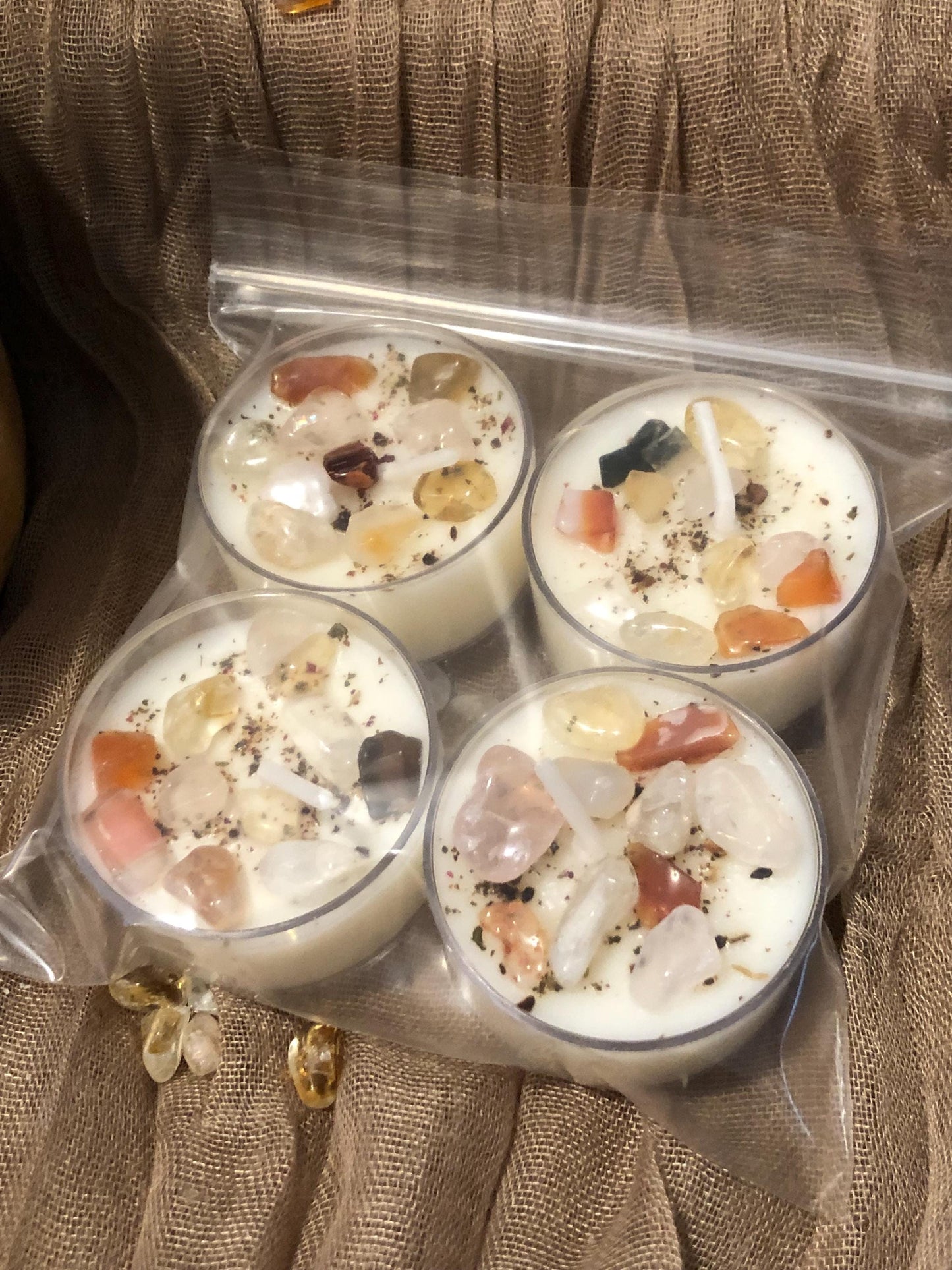 Love Herbal and Crystal Tealight Candles, Mantra Affirmation, Scented Intention setting candles, dressed candles with crystals, herbs