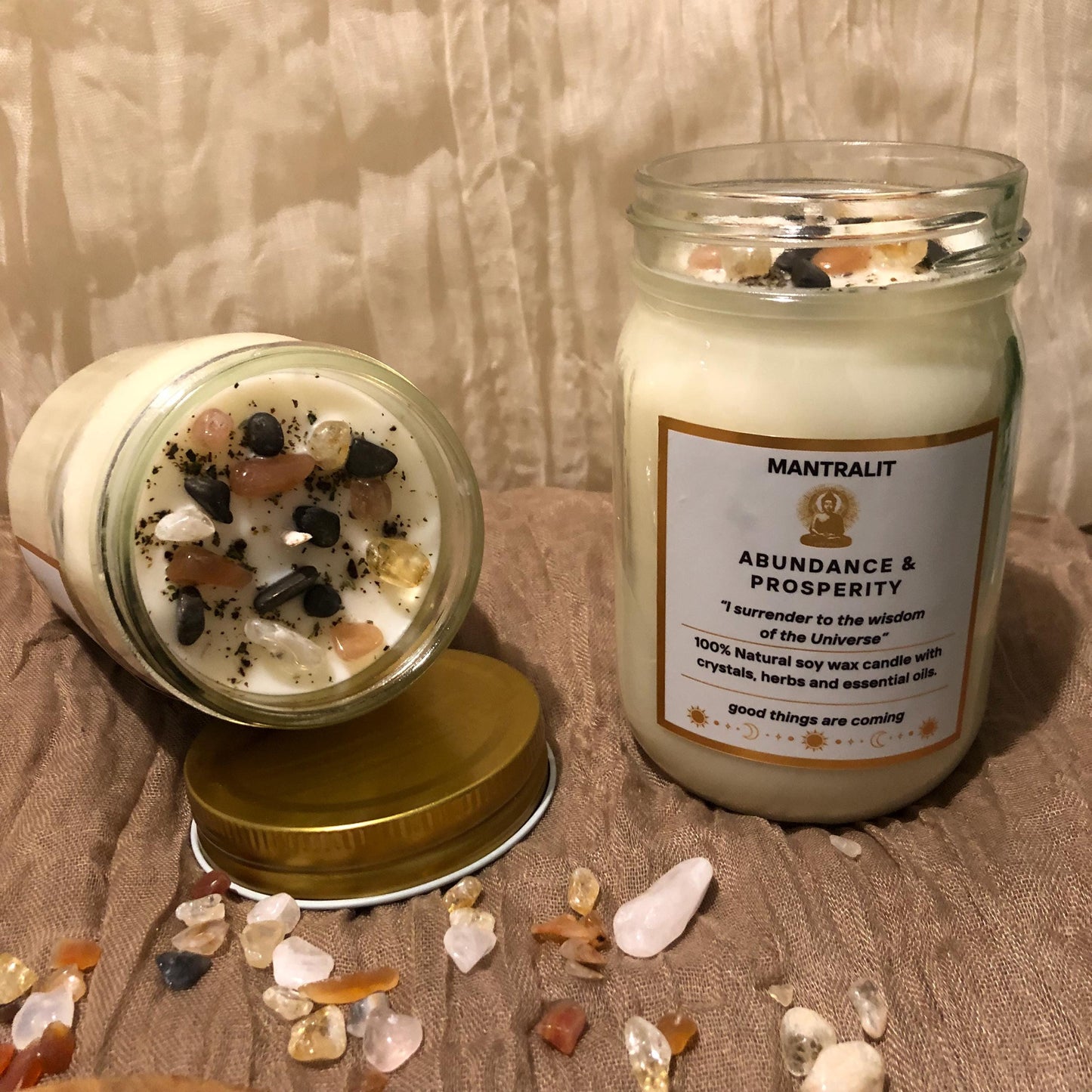 Abundance and Prosperity Herbal and Crystal Candles, Mantra Affirmation, Scented Intention candles, dressed candles with crystals, herbs