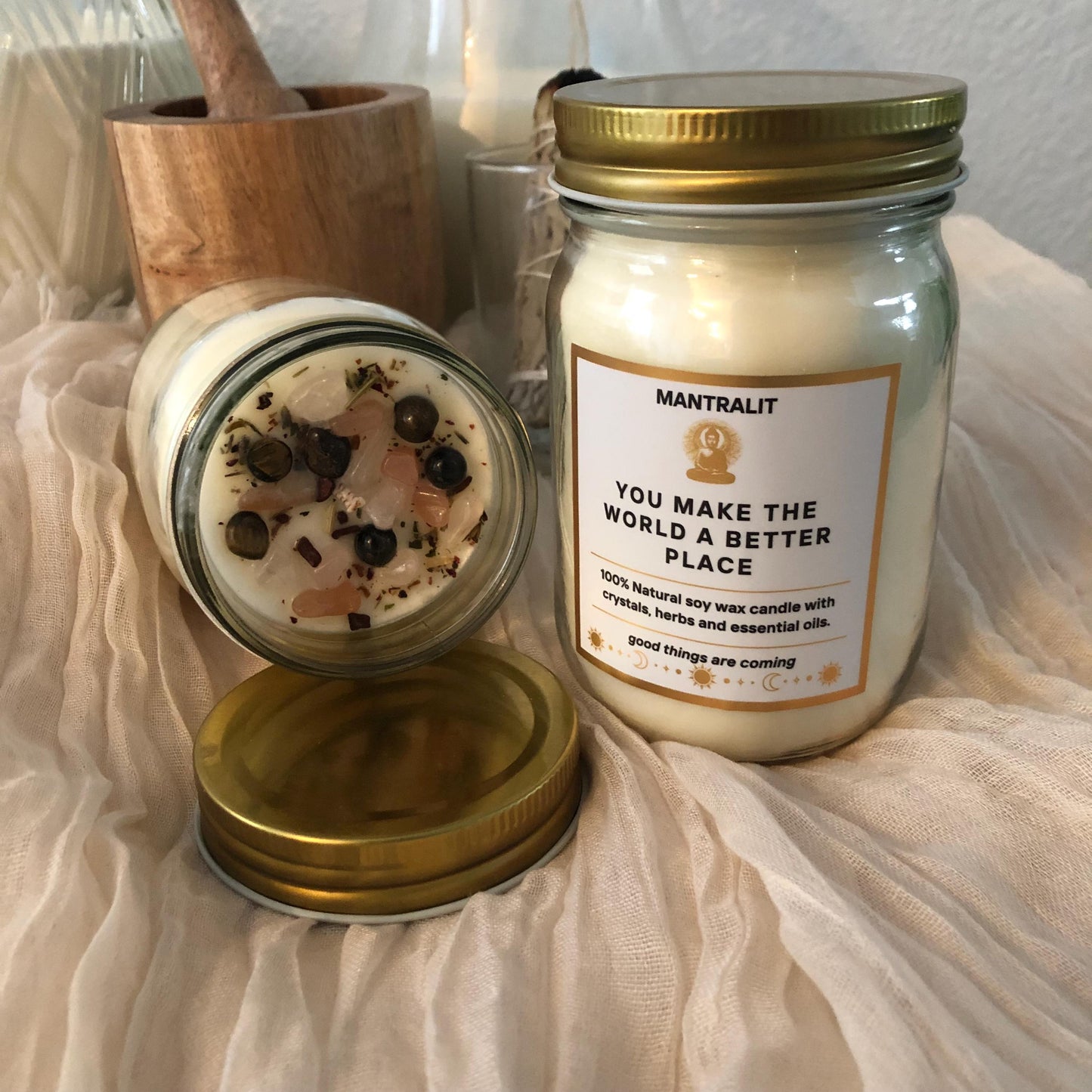 You Make The World A Better Place Mantra Candle Infused With Crystals And Herbs, Rose quartz, tigers eye, sunstone and herbs, Manifestation