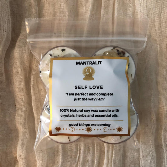 Self Love Tealight Mantra Candles, Infused with Rose petals Herbs, Cinnamon, St Johns Wort, Citrine, Moonstone,  All Natural Soy Candle