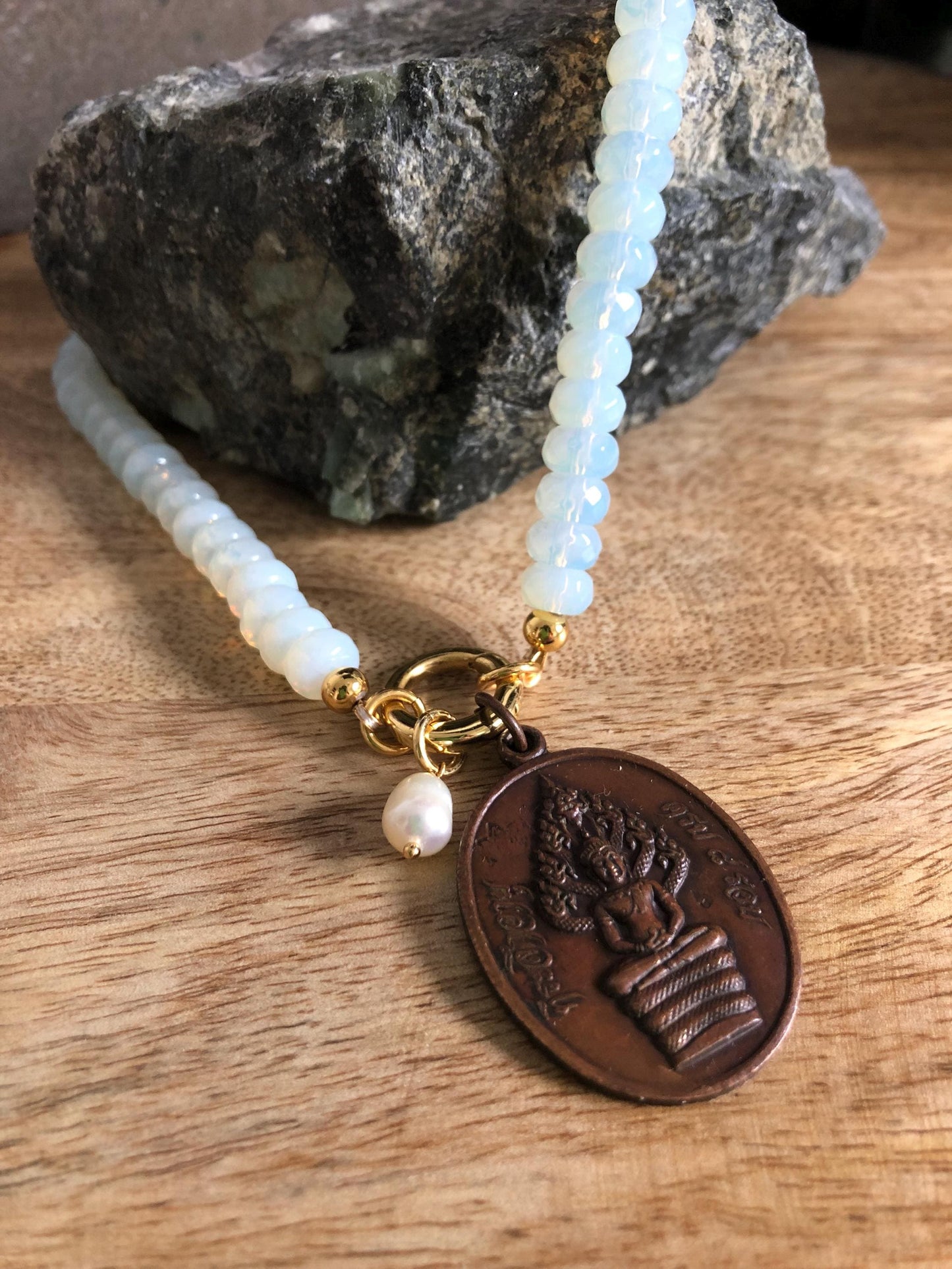 Luck, Hope, and Creativity Opal Gemstone Choker Necklace, Vintage Thai Buddha Pendant, protective, Amulet Buddha from Thailand