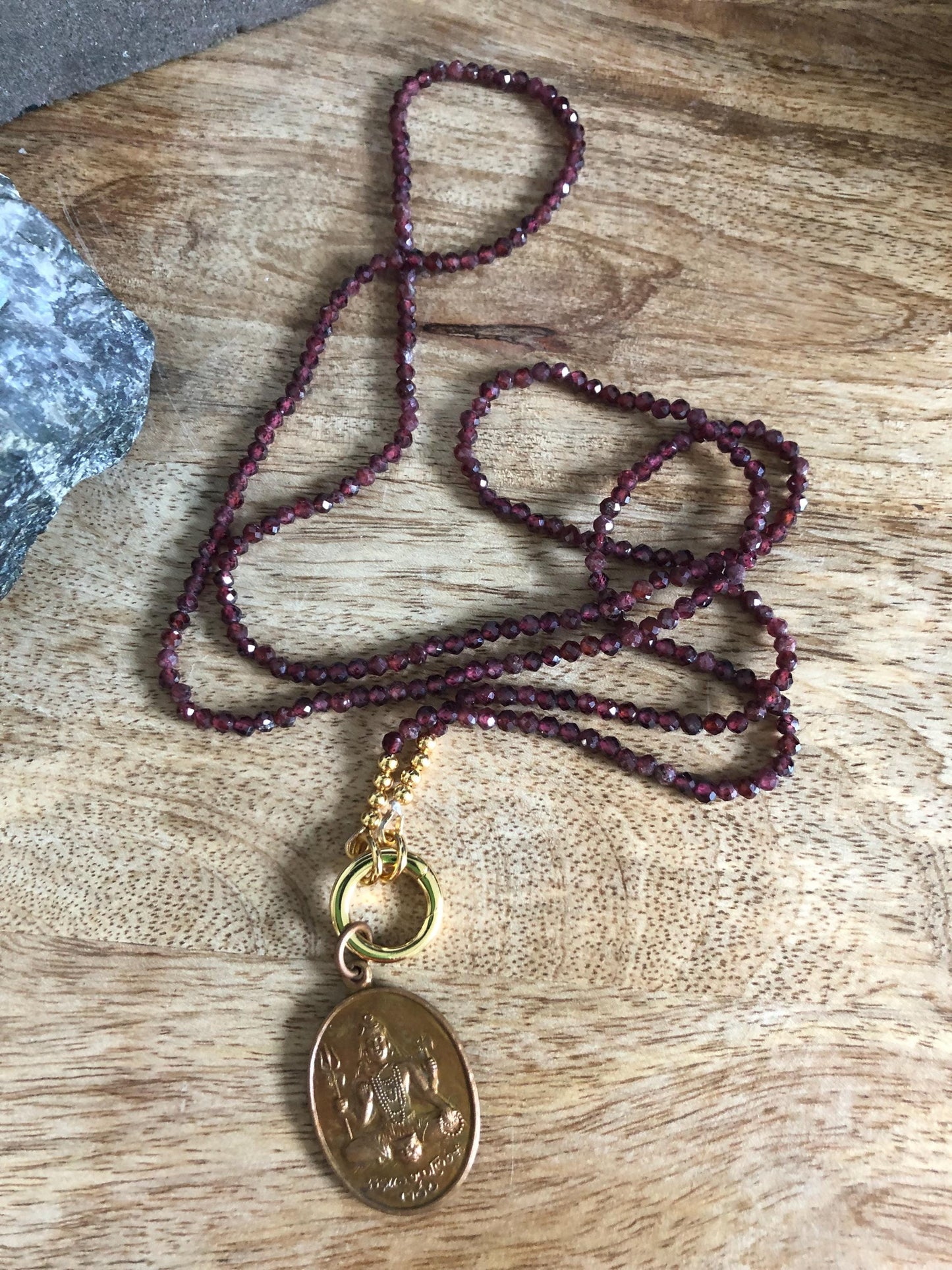 Garnet Long Necklace - Love, protection, friendship and passion Vintage Thai Ganesh-Shiva Pendant, protective, Amulet from Thailand