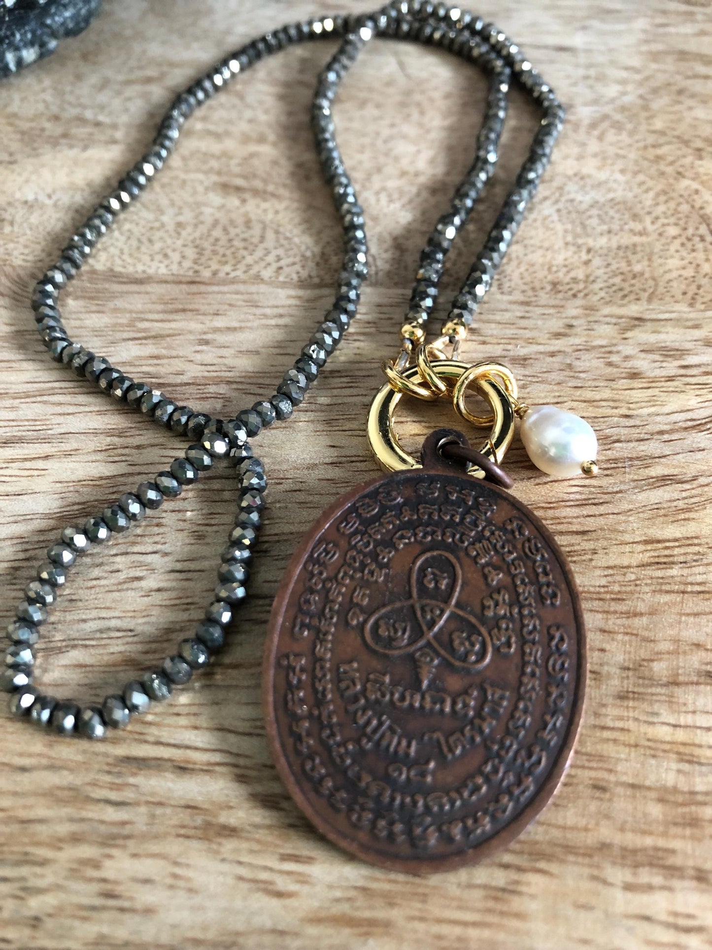 Pyrite Choker Necklace -stone of strength, courage, bravery, and resilience.  Vintage Buddha Pendant from Thailand, Empowering Meditation