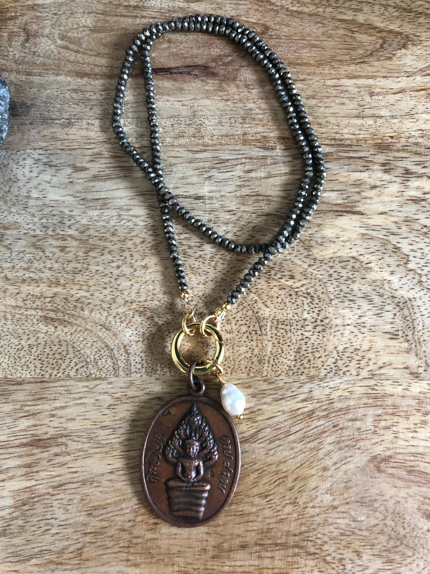 Pyrite Choker Necklace -stone of strength, courage, bravery, and resilience.  Vintage Buddha Pendant from Thailand, Empowering Meditation