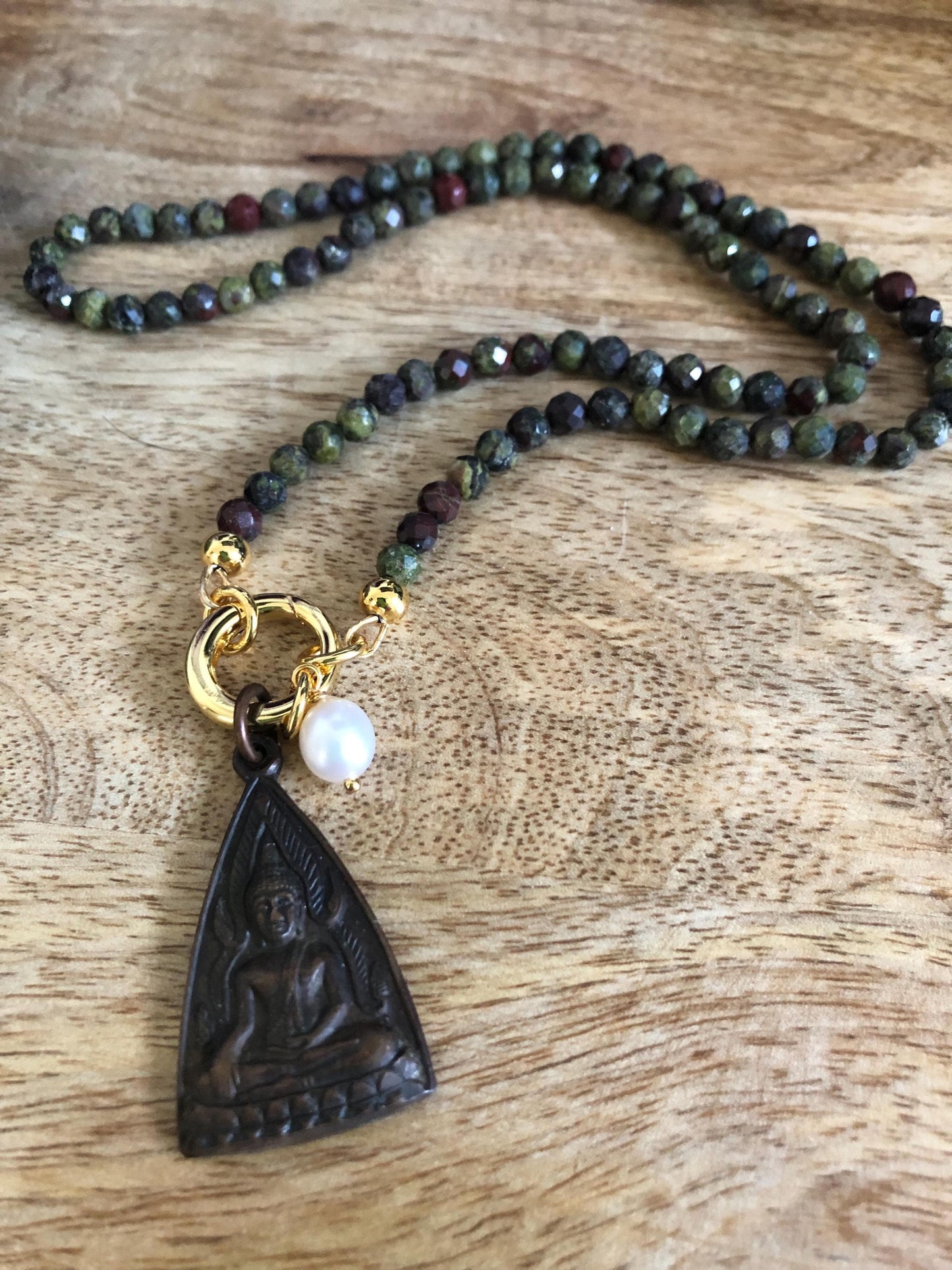 Dragon Bloodstone Gemstone Choker Necklace -stone of courage, Vintage Amulet Buddha Pendant from Thailand, meditation empowering necklace