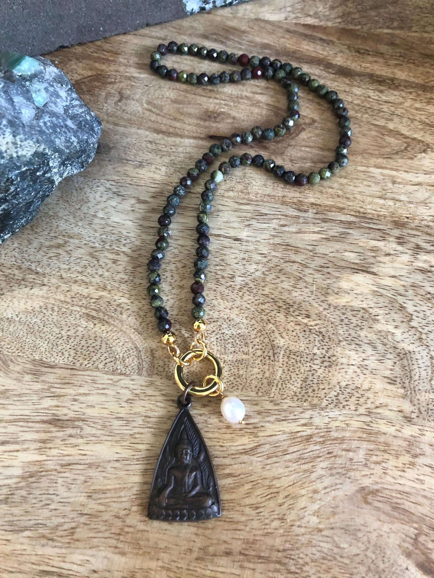 Dragon Bloodstone Gemstone Choker Necklace -stone of courage, Vintage Amulet Buddha Pendant from Thailand, meditation empowering necklace