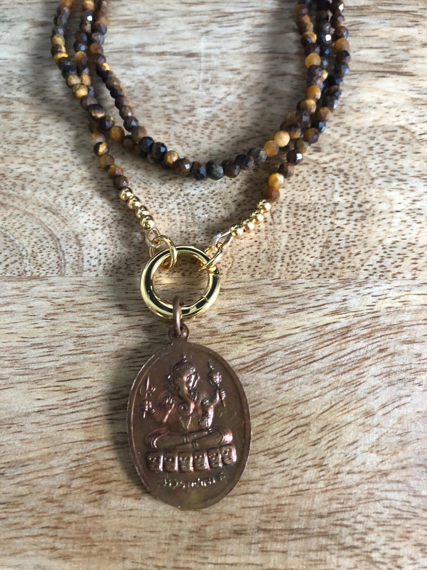 Tigers Eye Long Necklace stone of courage, protection, Vintage Buddha Pendant Amulet from Thailand,  empowering meditation necklace gifts