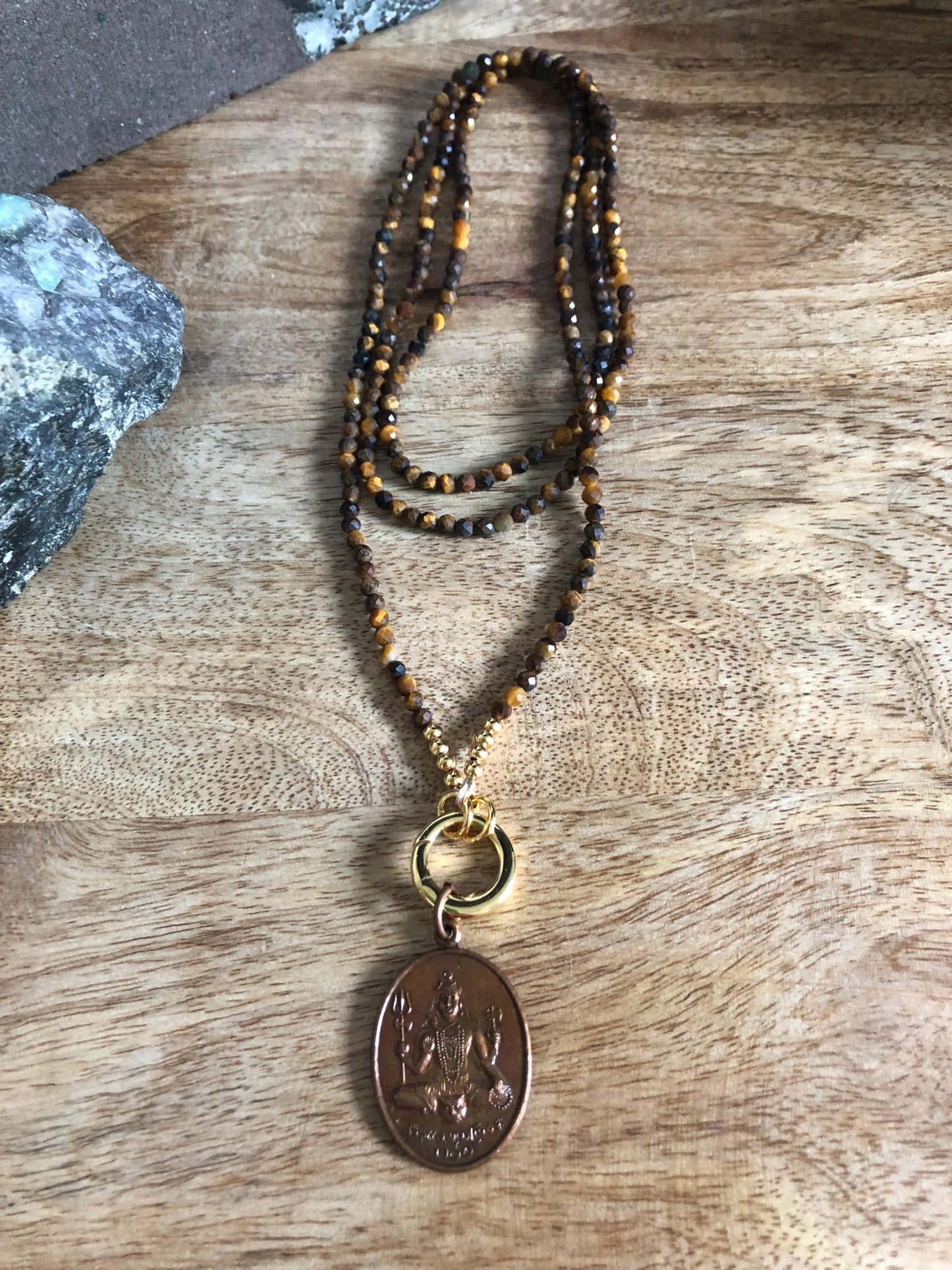 Tigers Eye Long Necklace stone of courage, protection, Vintage Buddha Pendant Amulet from Thailand,  empowering meditation necklace gifts