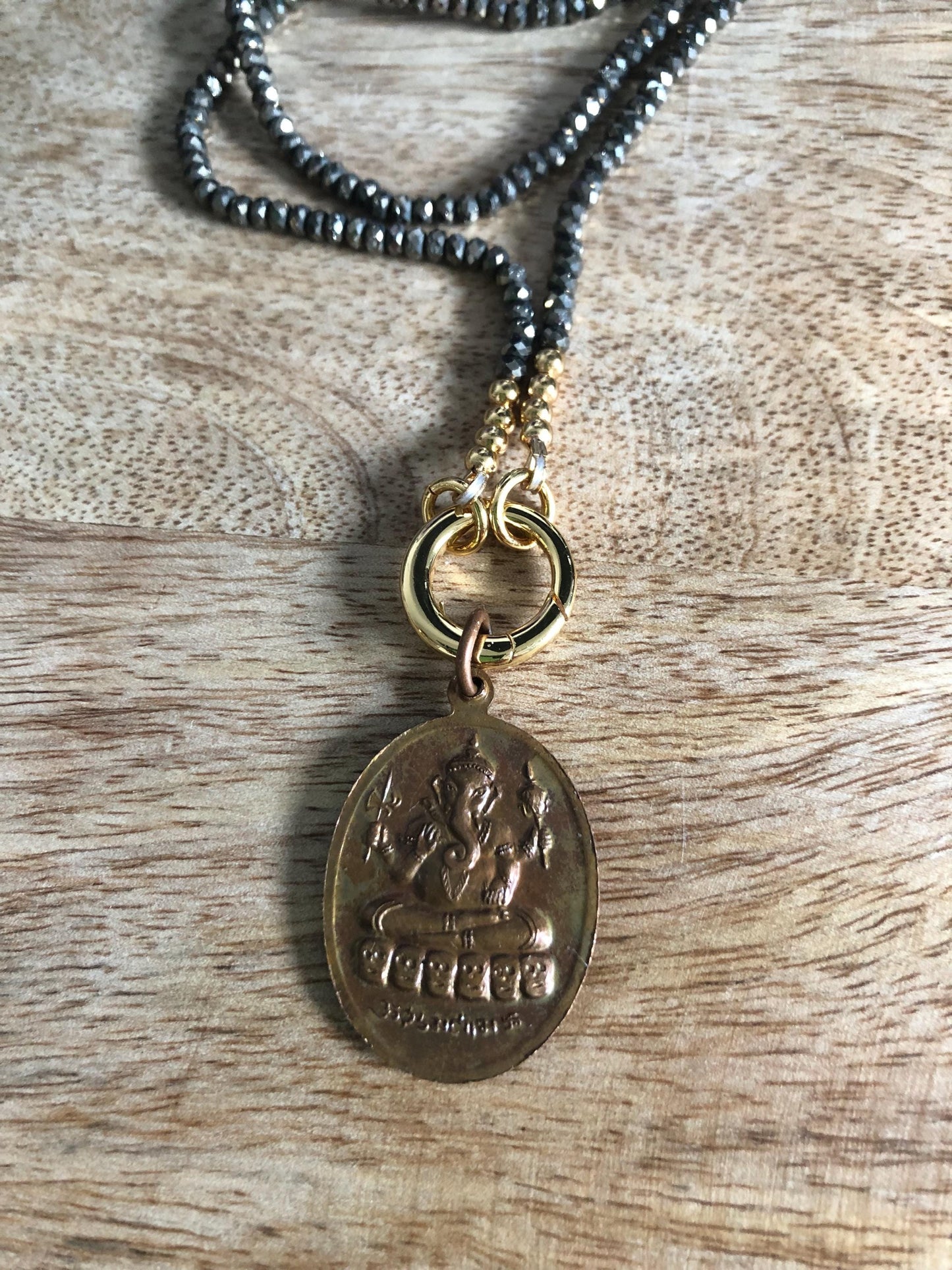 Pyrite Long Necklace -stone of strength, courage, bravery, and resilience Vintage Ganesh-Shiva Amulet Pendant from Thailand, empowering gift