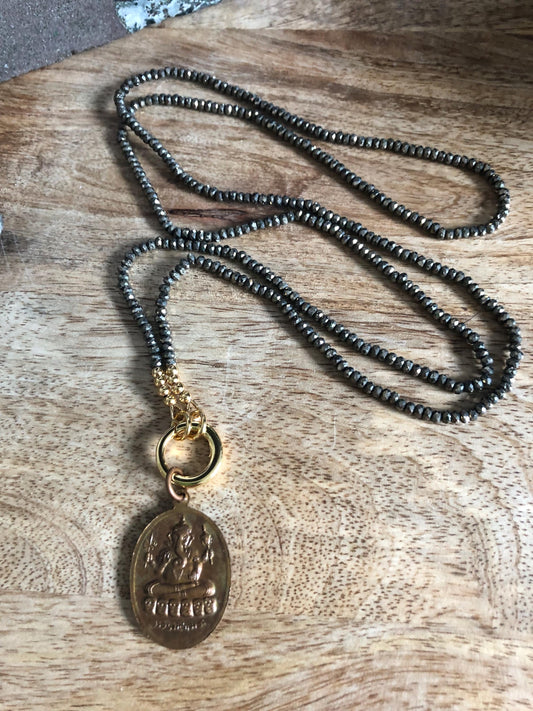 Pyrite Long Necklace -stone of strength, courage, bravery, and resilience Vintage Ganesh-Shiva Amulet Pendant from Thailand, empowering gift