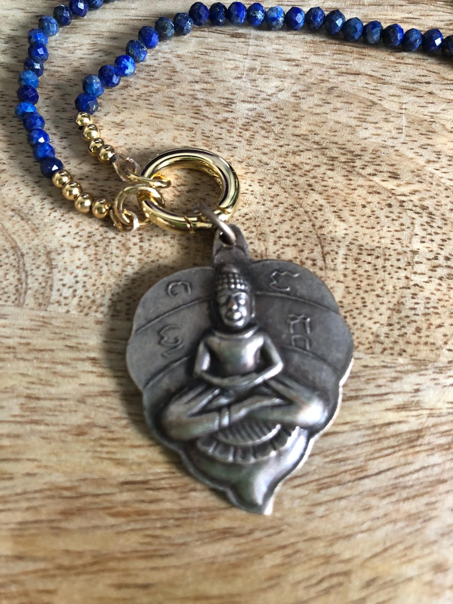 Lapis Lazuli Long Necklace stone of wisdom and power, Vintage Buddha Pendant from Thailand,  empowering meditation necklace, trendy chic