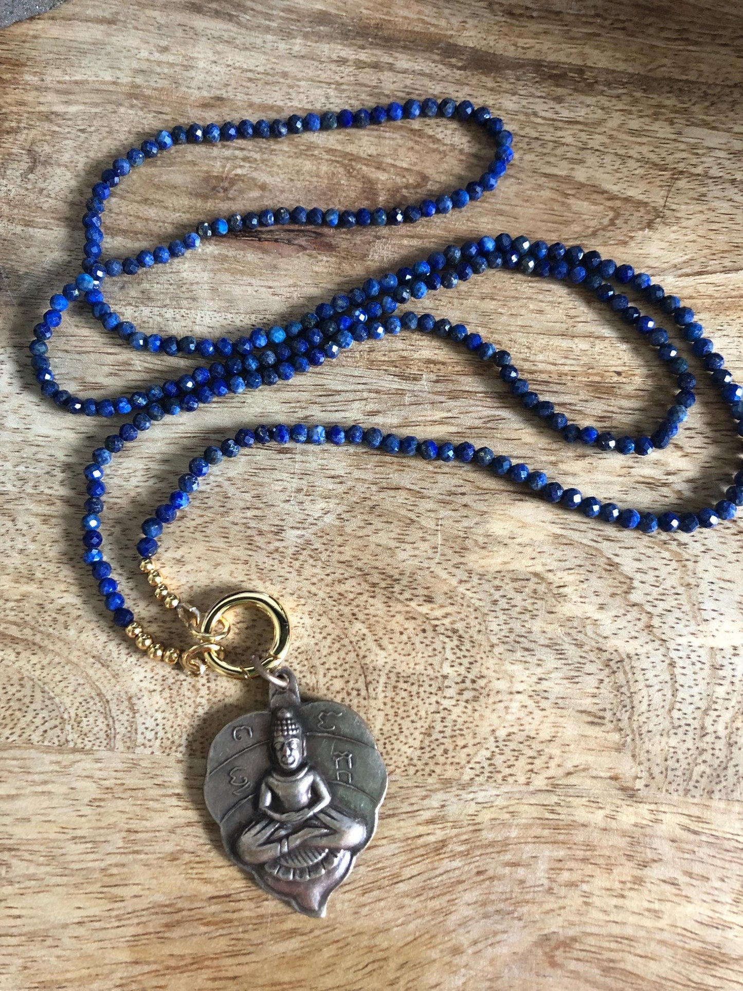 Lapis Lazuli Long Necklace stone of wisdom and power, Vintage Buddha Pendant from Thailand,  empowering meditation necklace, trendy chic