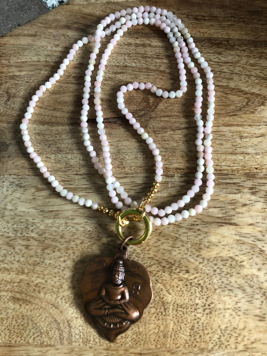 Pink Opal Long Necklace stone of love, healing and protection, Vintage Buddha Pendant from Thailand,  empowering necklace, meditation gift