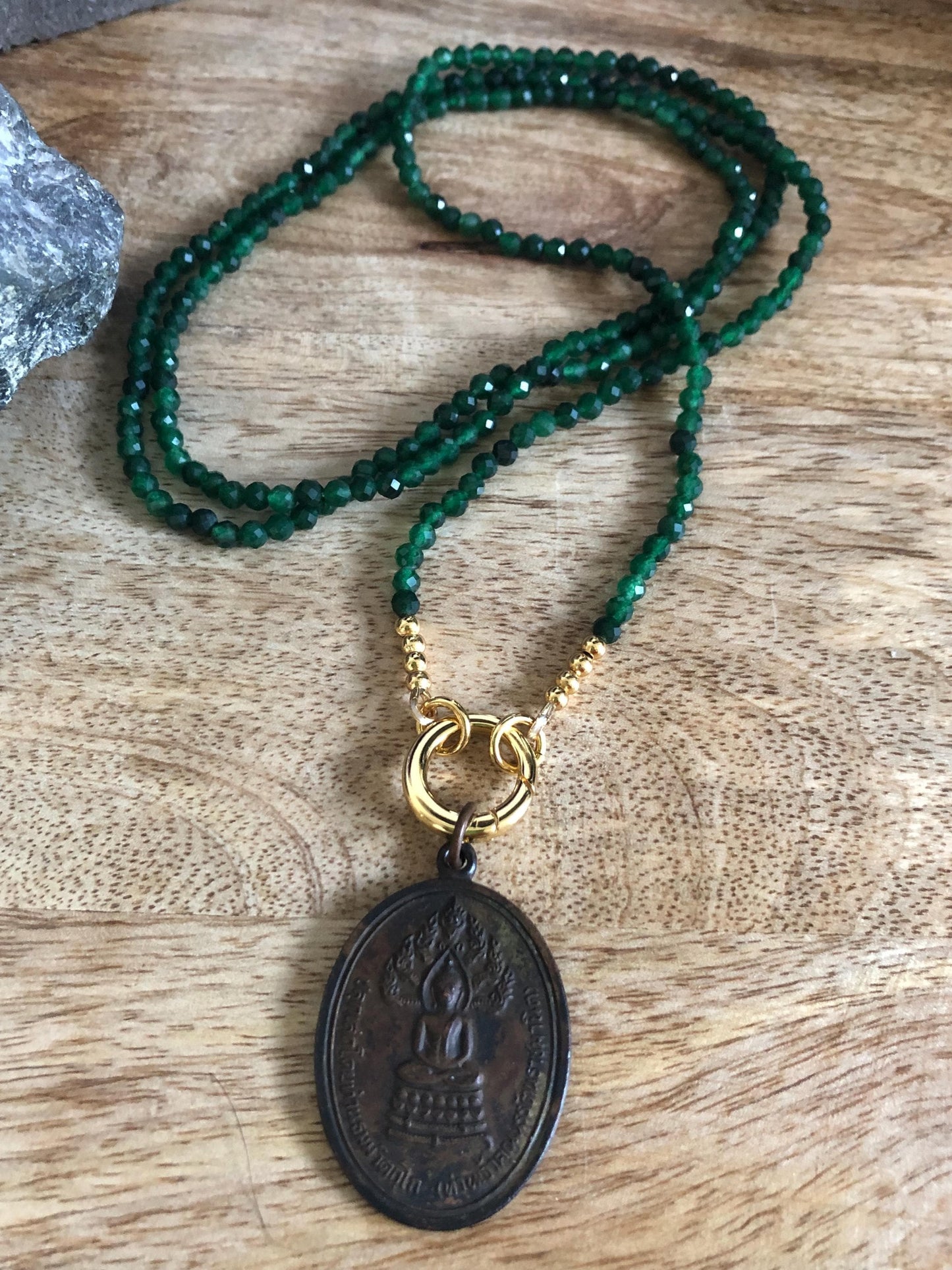 Nephrite Jade Long Necklace stone of abundance, harmony, Vintage Buddha Pendant from Thailand,  boho chic empowering necklace, meditation